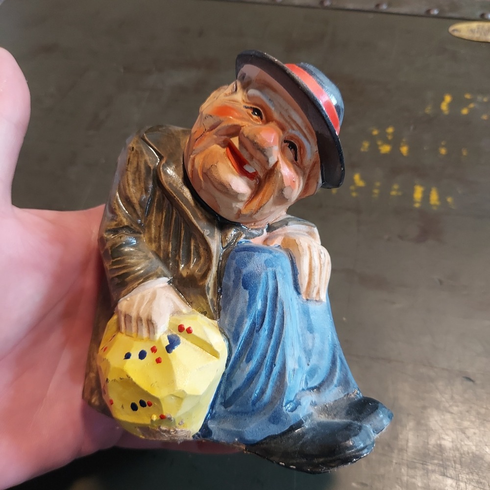 Vintage Japan Hand Painted Folk Art Style Old Man Gambler Figurine with Dice
